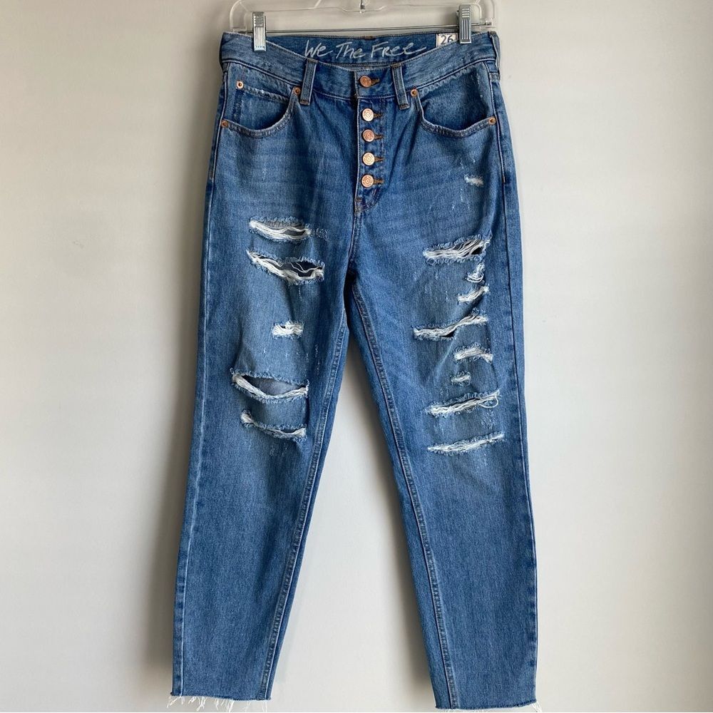 FREE PEOPLE Blossom Rigid Crop Skinny Jeans Blue Distressed Raw Hem Button Fly